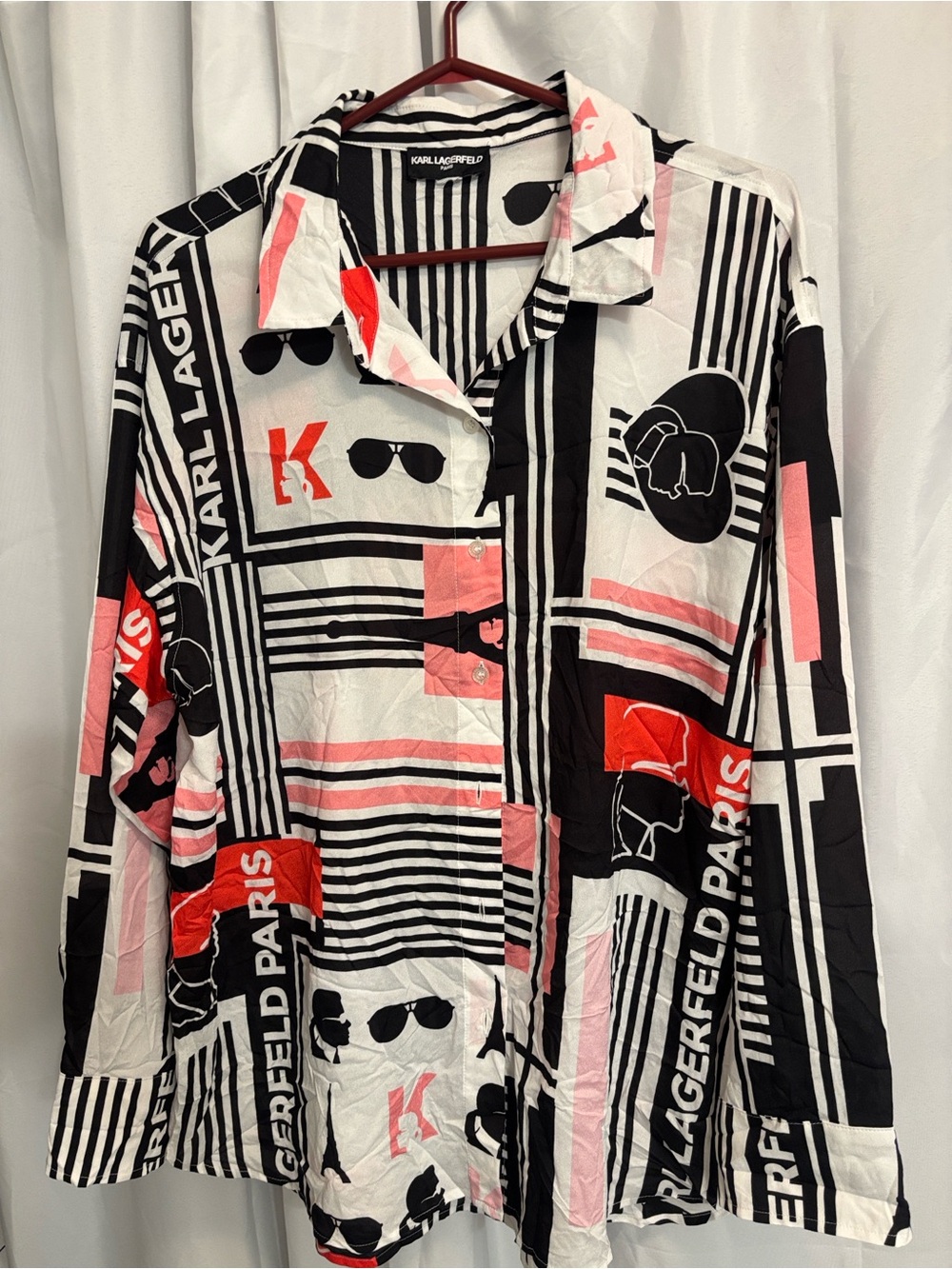 Karl Lagerfeld Women’s XL Graphic Button-Up Shirt - Black, White & Pink